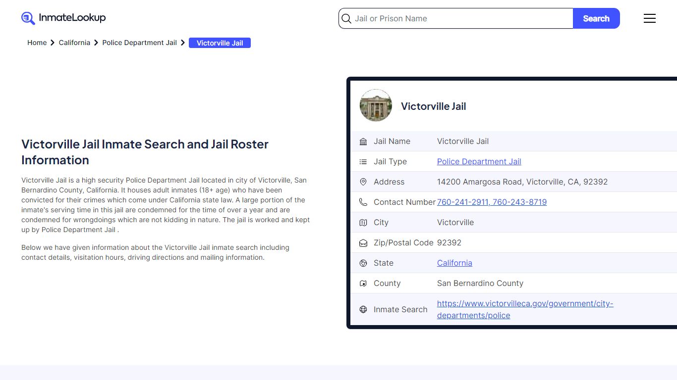 Victorville Jail (CA) Inmate Search California - Inmate Lookup